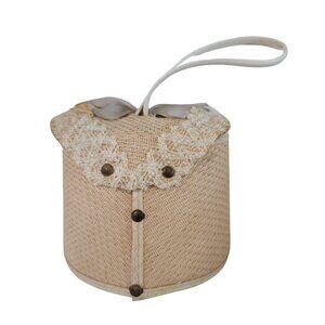 Vintage Heart-Shaped Woven Beige Purse With Handle & Bow Accent